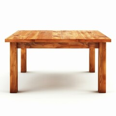 Light brown wooden table with thick legs standing on a white background