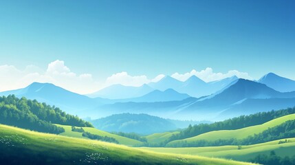 Obraz premium Serene mountain valley landscape, summer, idyllic, travel poster