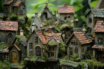 Charming miniature village with small houses, moss covered rooftops, creating a whimsical and enchanting atmosphere