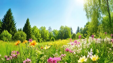 A Breathtaking Spring Meadow Filled with Vibrant Wildflowers and Lush Greenery Under a Bright Sunny Sky