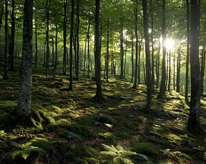 Fototapeta premium Sunlit mossy forest floor with tall trees.