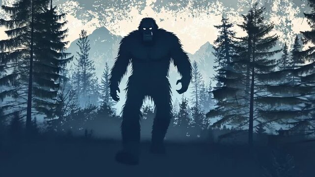 Bigfoot Yeti Myth Monster Silhouette in Snowy Forest at Sunset with Skier and Child Illustration