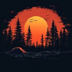 Silhouette vector of a tent and pine trees against a sunset gradient background.