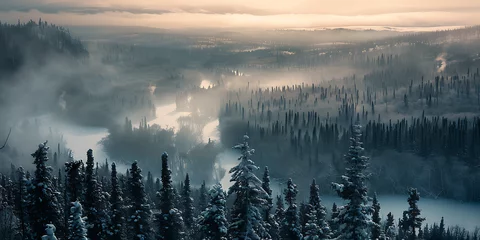 Plexiglas schilderij Mistig bos Winter Scene with Snow, River, and Misty Valley Under a Cloudy Sky  © Zia