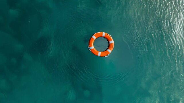 Vibrant orange lifebuoy gently floating on serene turquoise water surface, creating delicate ripples during peaceful calm moment with soft slow motion movement