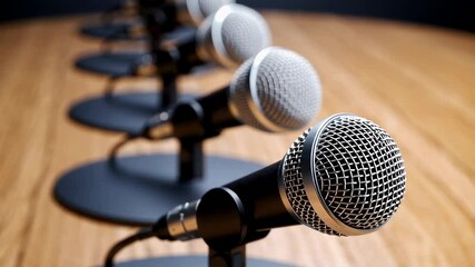 Multiple microphones stand on a wooden table in a slow motion sequence, creating a sense of anticipation for a podcast, interview, or conference