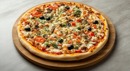 Photo of a pizza on an old wooden board with space for text, on the right side. On a light gray background with copy space, top view, flat lay. 
