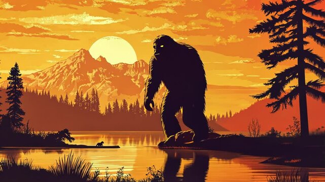 Bigfoot Yeti Myth Monster Silhouette at Sunset Over Tropical Beach Landscape