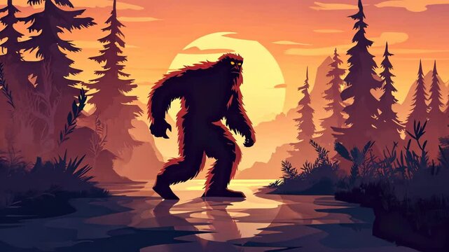 Bigfoot Yeti Mythical Monster Silhouette Illustration in Forest at Sunset