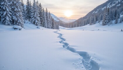 A golden, sun-drenched winter path winding through a snowy mountain valley