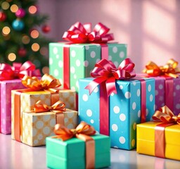 Presents wrapped in bright wrapping paper with bows , colorful presents, gift boxes