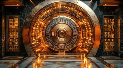 Fototapeta premium A grand vault door set in a luxurious, illuminated environment.