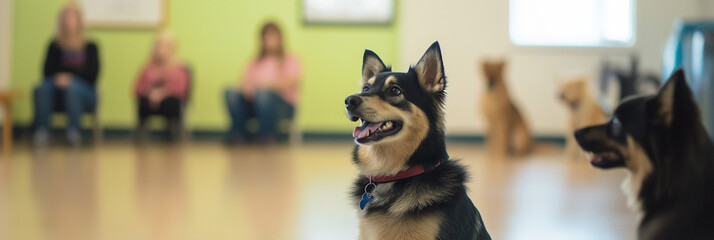 Happy dog in training class with people in the background