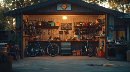 Evening shed bike repair workshop tools summer
