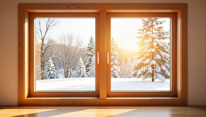 Warm wooden window frame showcasing winter landscape, energy efficiency
