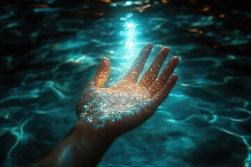 Fototapeta premium A magical, glowing ocean scene where bioluminescent plankton create a sparkling path behind a swimmer’s hand, copy space background