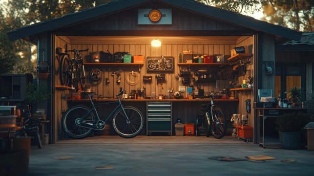 Evening shed bike repair workshop tools summer