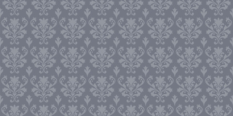 Luxury seamless pattern in baroque style. Abstract floral geometric ornament with curly elements, foliage. Vector background in rococo, revival, damask style. Subtle design in grey blue tones