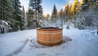 rustic wooden hot tub in a snowy forest creating a cozy atmosphere