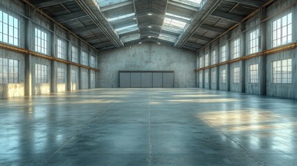 Fototapeta premium Empty warehouse interior, sunlight, concrete floor, industrial space, rental