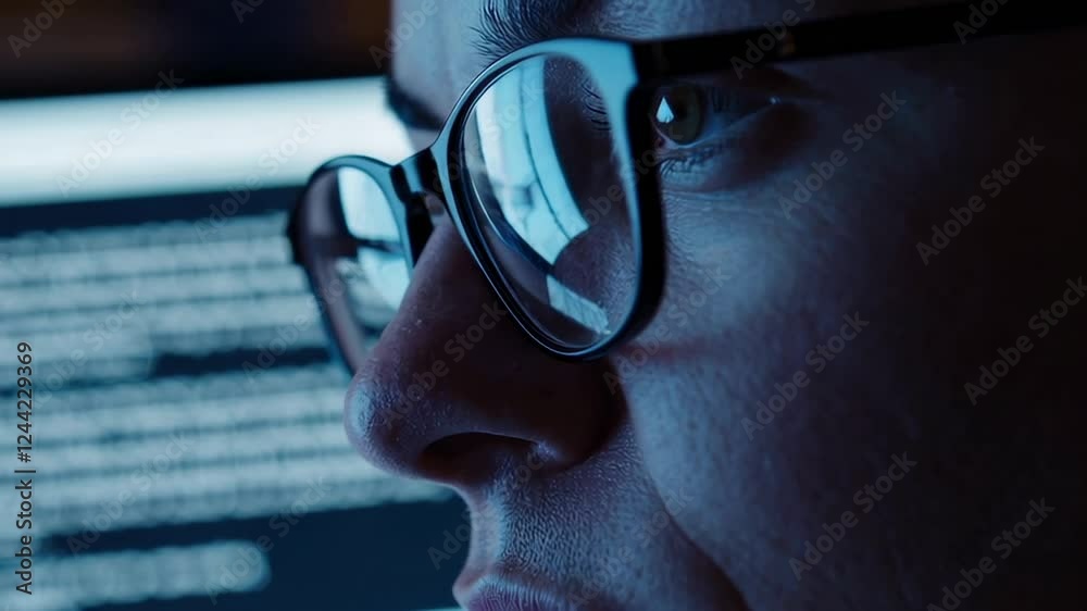 Aufkleber Focused programmer wearing glasses intensely working on computer with code lines, revealing deep concentration in dimly lit workspace during late night coding session