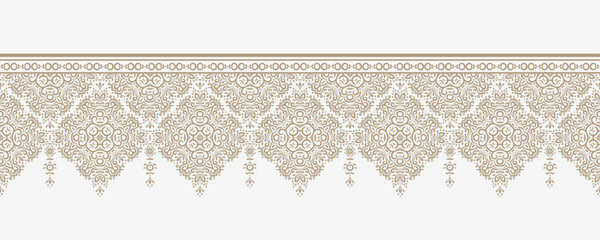 seamless border design in oriental style. Intricate floral medallions with scrollwork details for textile, fabric, paper, wallpaper trim. Elegant ornamental classic border with damask elements © Kate