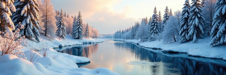 River with ice and snow-covered trees in autumn, snow, kamchatka