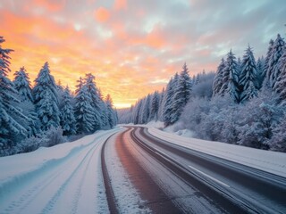 Fototapeta premium Road winding through snow-covered trees towards a colorful sunrise, scenic road, milky way night sky