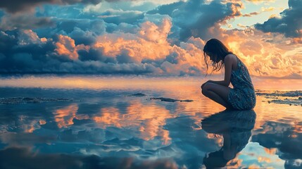 Obraz premium Reflection of a young woman by the calm shoreline during sunset with colorful clouds in the sky