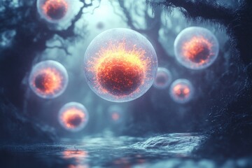 Obraz premium A surreal, cosmic-like representation of microbial life floating through a liquid environment, resembling tiny alien worlds, copy space background