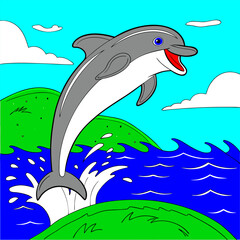Happy Jumping Dolphin Cartoon Illustration - Gray, White.