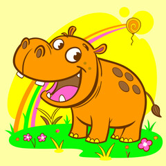 Obraz premium Cheerful Orange Hippo Cartoon Illustration: Kids' Design, Rainbow Background.