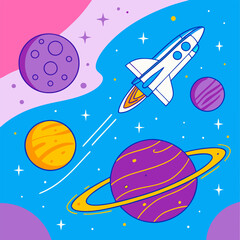 Naklejka premium Colorful Rocket in Space: Planets, Stars.