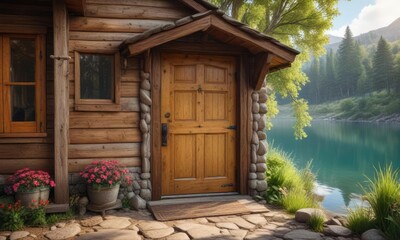 Rustic wooden door leading to a cozy cabin overlooking a lake, natural beauty, cabin retreat, lake view