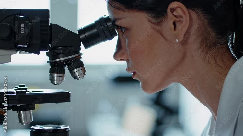 Poster laboratory research montage shows a focused female scientist looking through a microscope, analyzing