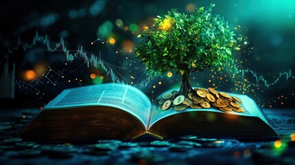 Tree grows from book with coins, investment idea, financial growth, stock graph, dark background