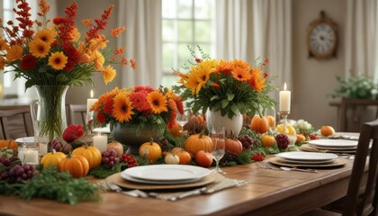 Seasonal flowers and greenery at the Thanksgiving table, greenery, autumn, flowers
