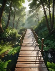 Obraz premium Serene wooden bridge weaving through lush forest, greenery, wood, wild, tranquil