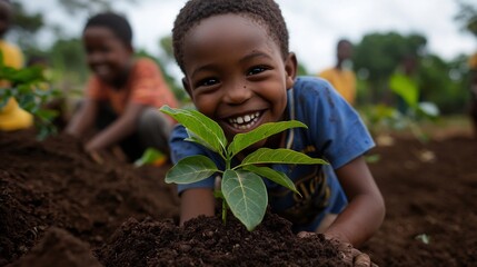 Happy Children Planting a Sapling in a Tanzanian Schoolyard
