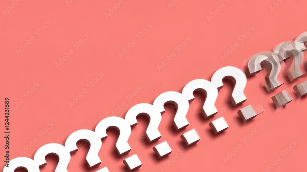 Poster White question marks are arranged diagonally on a coral background, creating a pattern that symbolizes uncertainty, inquiry, and the search for answers
