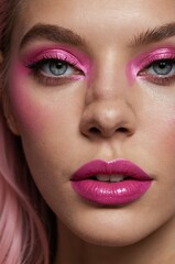 Fototapeta premium Model showcasing bold pink makeup with vibrant shades accentuating facial features in a beauty editorial