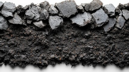 Close-up view of cracked dark soil and rocks, showcasing natural textures and layers
