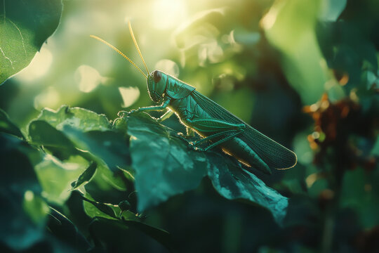 A close-up of a green grasshopper resting on lush green leaves in soft sunlight.