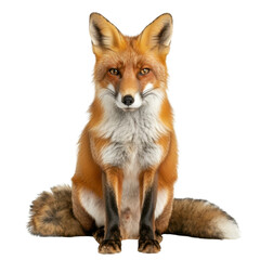 Obraz premium realistic fox sitting with bushy tail, showcasing vibrant orange fur and keen expression. This captures essence of wild animal in natural pose