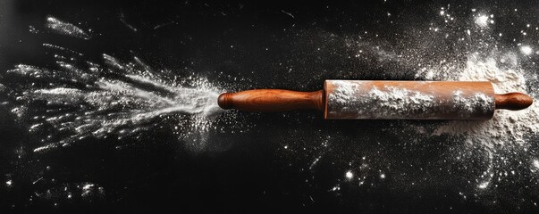 Photo of a rolling pin with flour on it, representing baking and cooking on a black background. Web banner with copy space, top-down view, dark grey background,