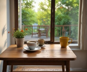 Small wooden table with cup of coffee next to it and window behind it , table, home