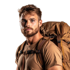 Fototapeta premium young man with beard wearing brown backpack, looking confidently at camera. He is dressed in tan shirt, ready for outdoor adventure