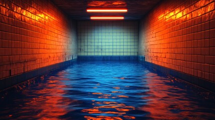 Flooded subway tunnel, neon lights, grunge, underwater, cinematic, background, game asset