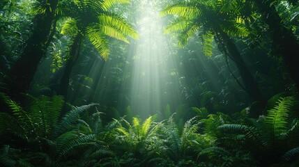 Obraz premium Sunbeams Illuminate Lush Tropical Rainforest Canopy