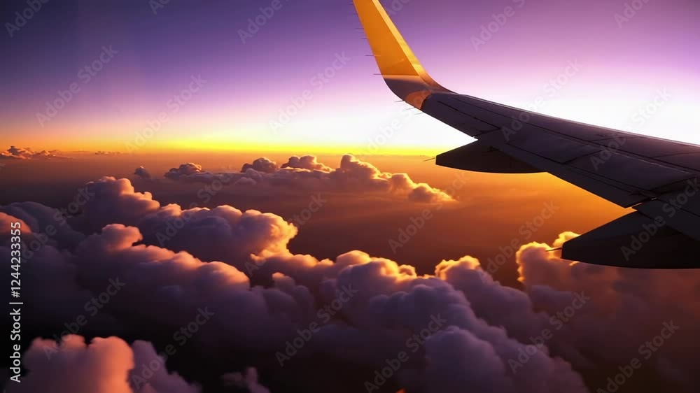 Aufkleber golden hour sunrise illuminates airplane wing soaring above a breathtaking cloudscape, creating a me
